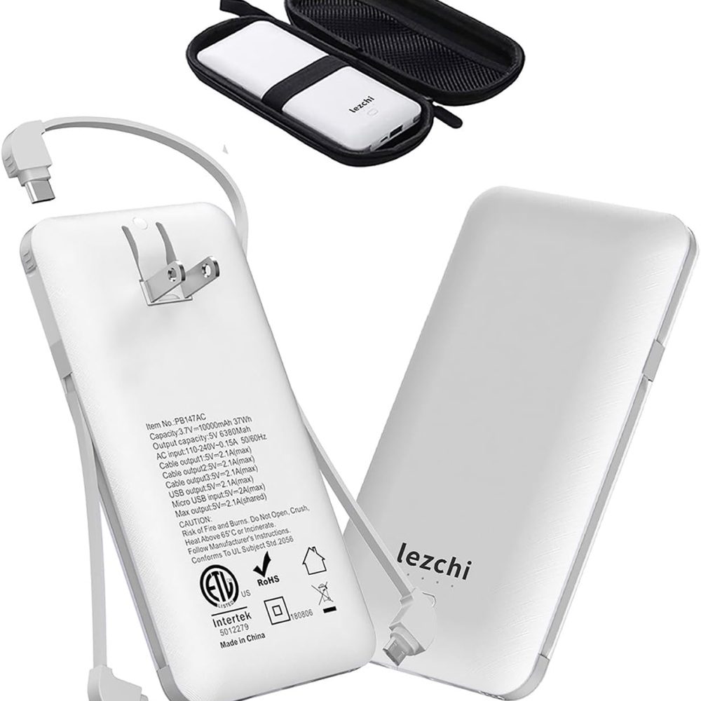 Portable Power Bank, Ultra Slim 10000mAh Portable Charger, USB C External Battery Pack with Built-in AC Plug, Charging Cable, Output Port, Compatible with All Kinds of Cellphones …