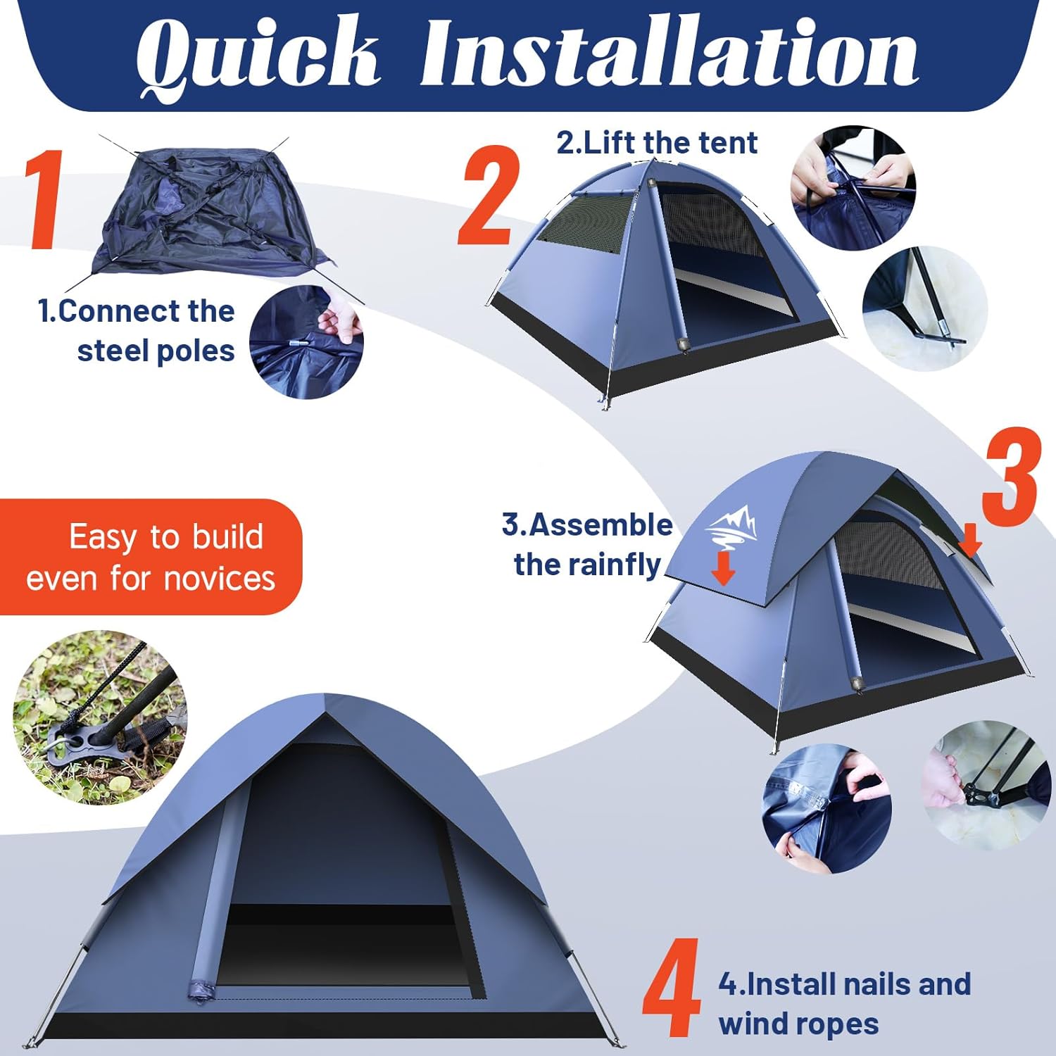 Tents for Camping,3-4 Person Camping Tent,Waterproof and Windproof Tent, Easy to Set up Outdoor Dome Tent for Outdoor Activities, Adventure, Festivals, Backyard,Hiking. - Image 3